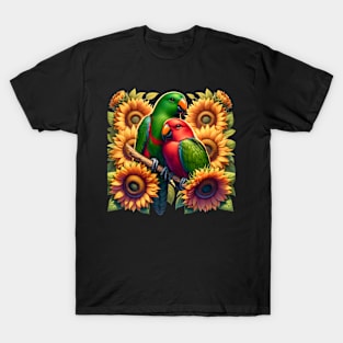 Eclectus Parrots Couple Male and Female with Sunflowers T-Shirt